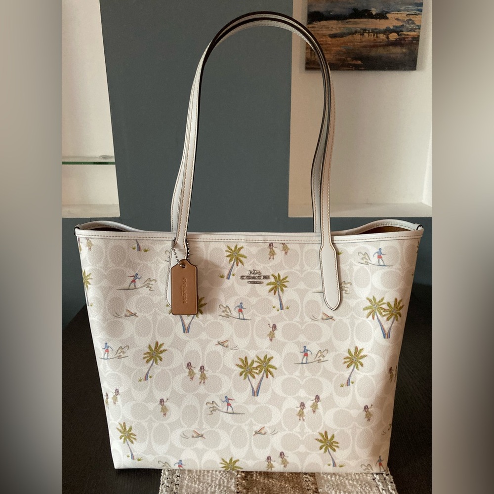 Coach Cream Palm Tree Print Tote with Tan Tag